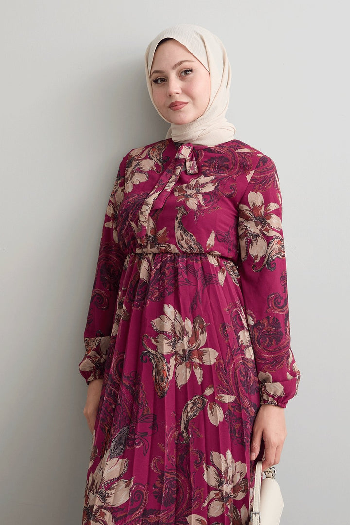 MDS Women Serena Flower Patterned Pleated Fuchsia Chiffon Dress - Swindon