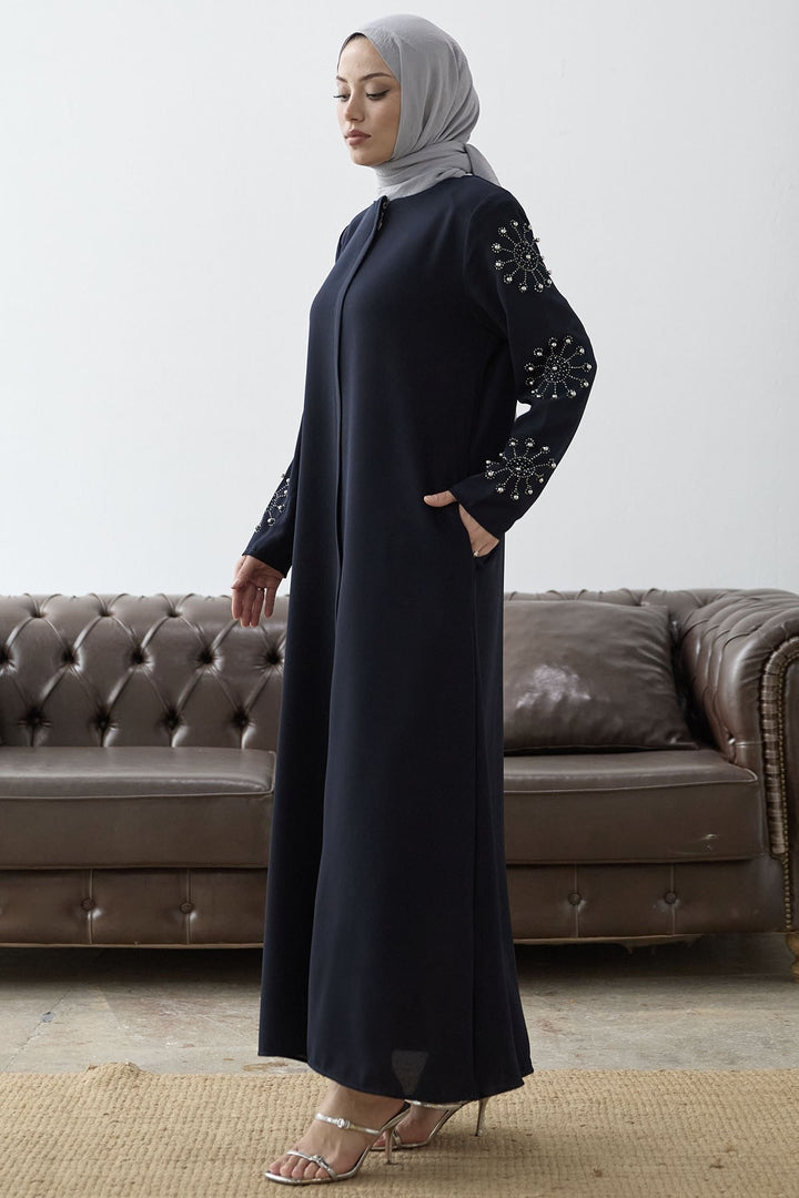 MDS Women Sleeves Pearl Stone Detail Abaya - Navy Blue - Roy
