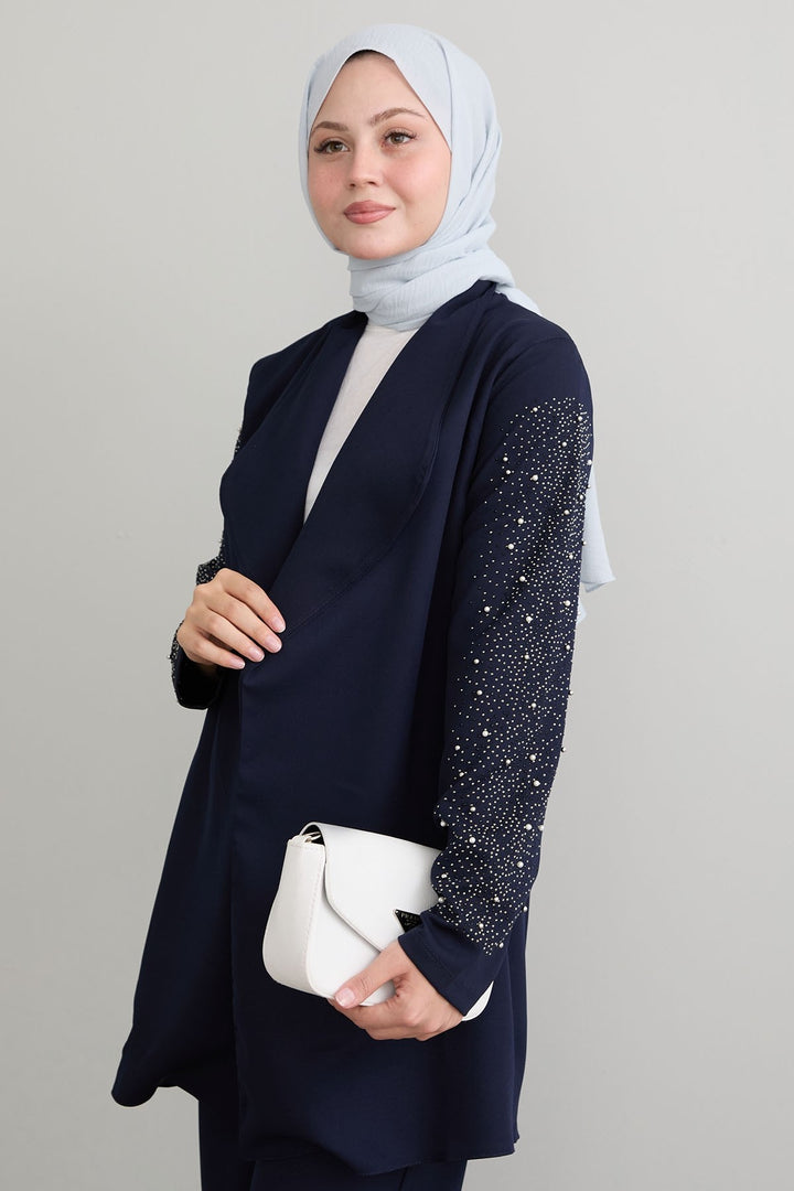 MDS Women Jacketed Pearl Detail Navy Suit - Marburg
