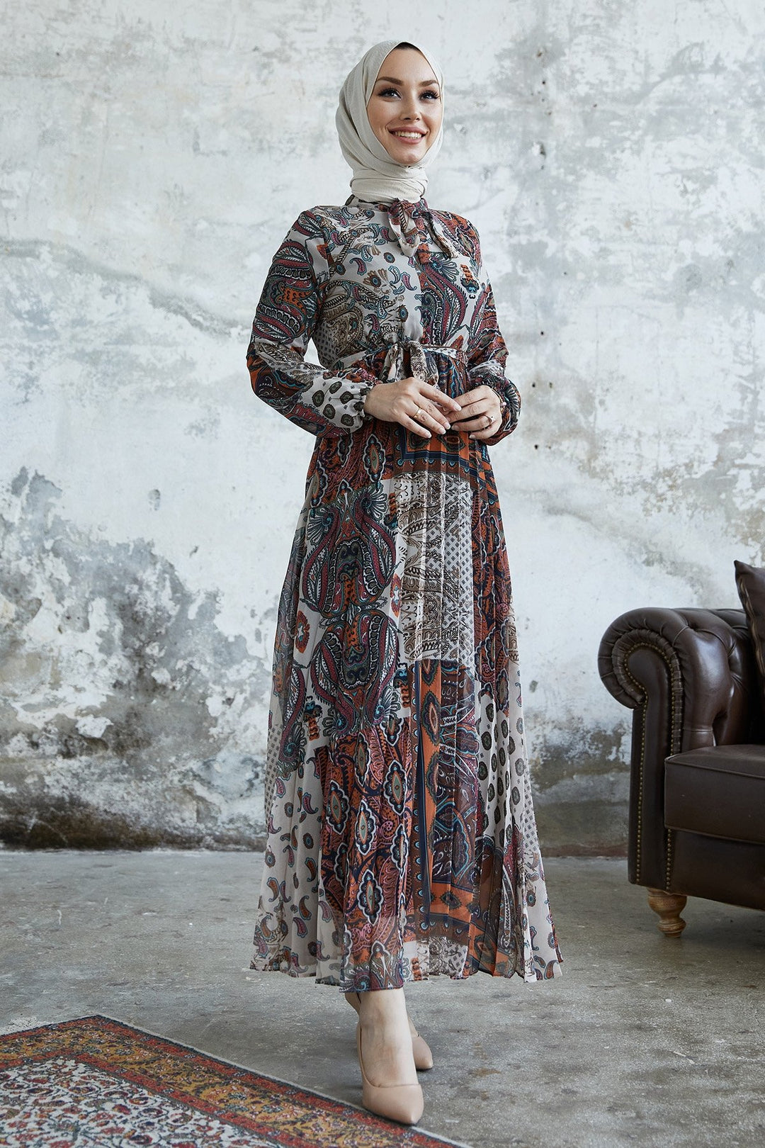 MDS Women Elinor Shawl Patterned Chiffon Dress - Terracotta - Worksop