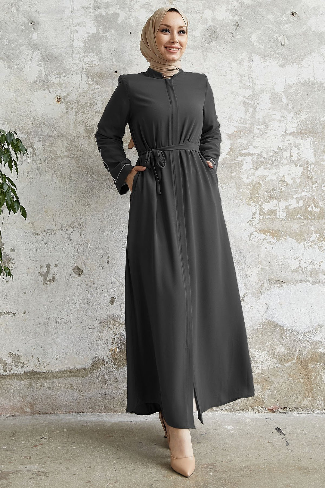MDS Women Salvia Loose Sleeve Biye Patterned Abaya - Anthracite - Nettetal