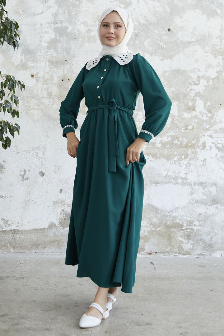 MDS Women Baby Collar Belted Dress - Emerald Green - Mülheim