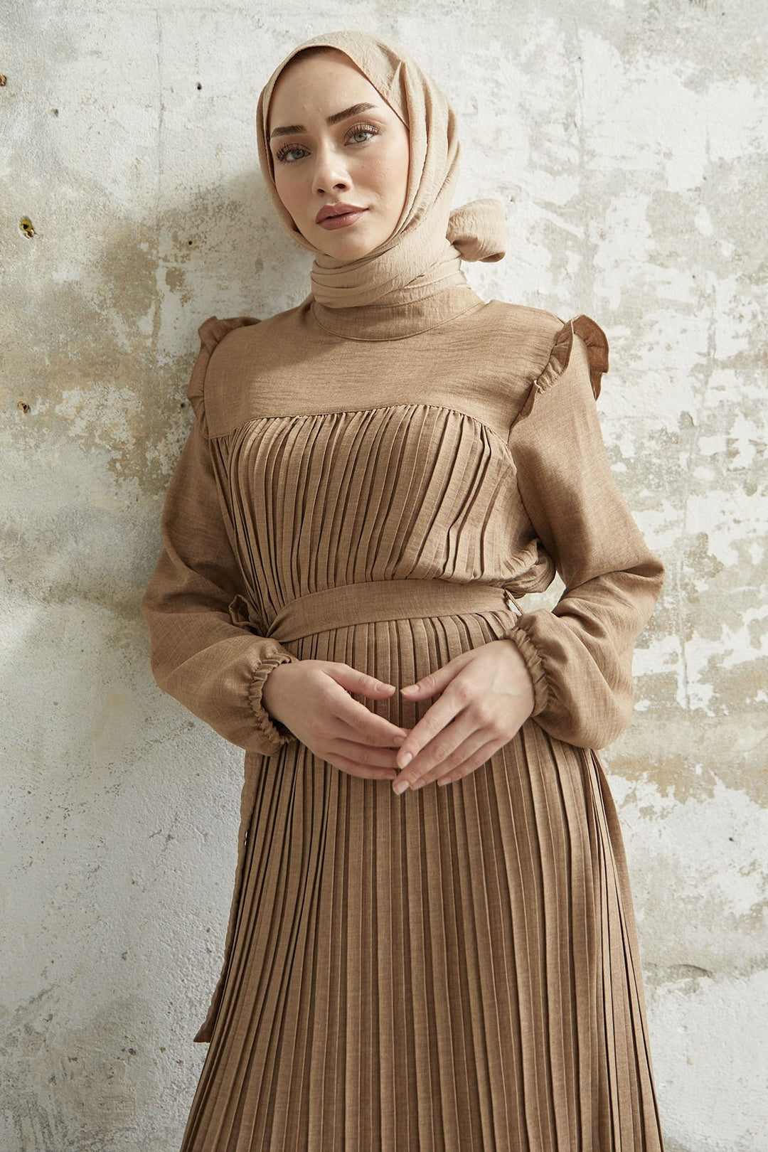 MDS Women Ruffle Trim Linen Dress with Puff Sleeves - Beige - Herzogenrath