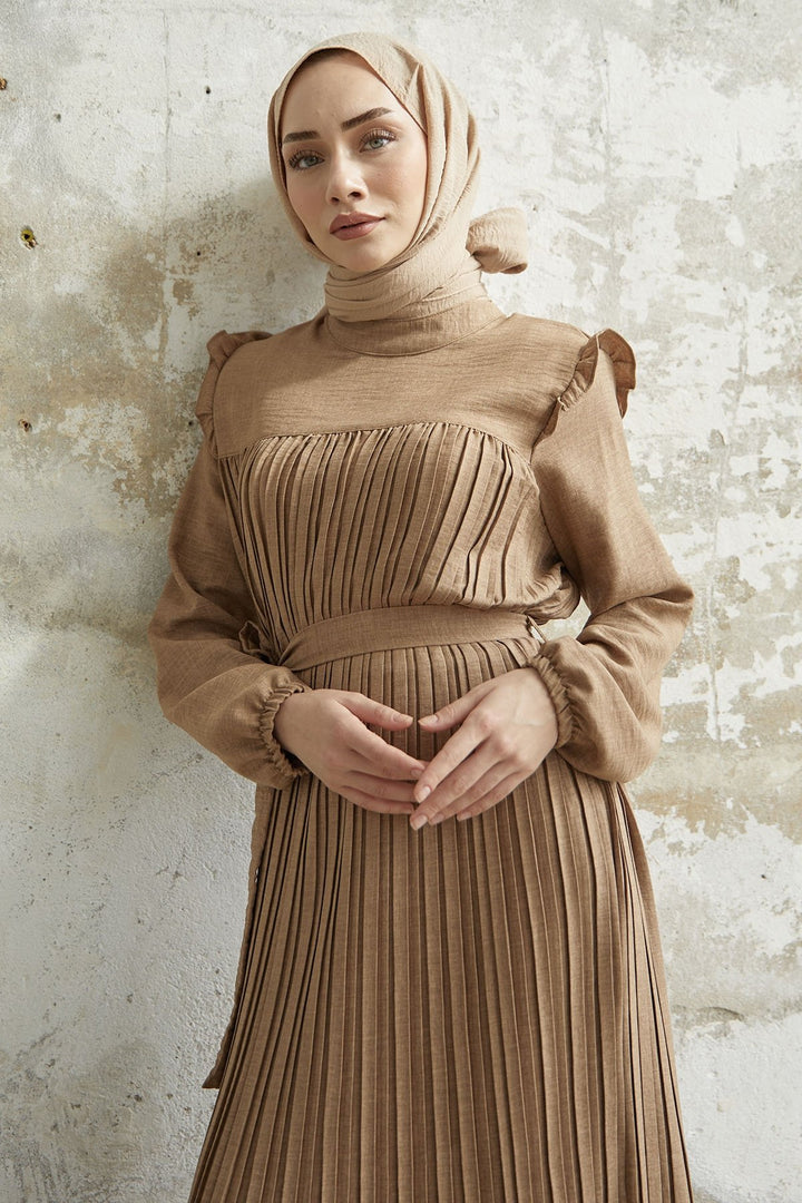 MDS Women Ruffle Trim Linen Dress with Puff Sleeves - Beige - Herzogenrath