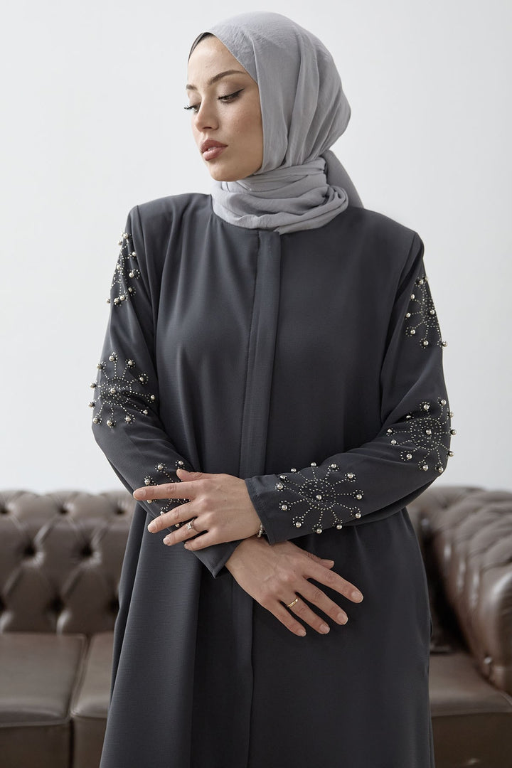 MDS Women Sleeves Pearl Stone Detail Abaya - Anthracite - Mairena del Aljarafe