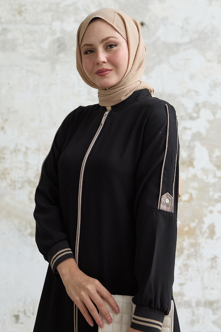 MDS Women Black Abaya with Half-Collar and Ribbed Sleeve - Flagstaff