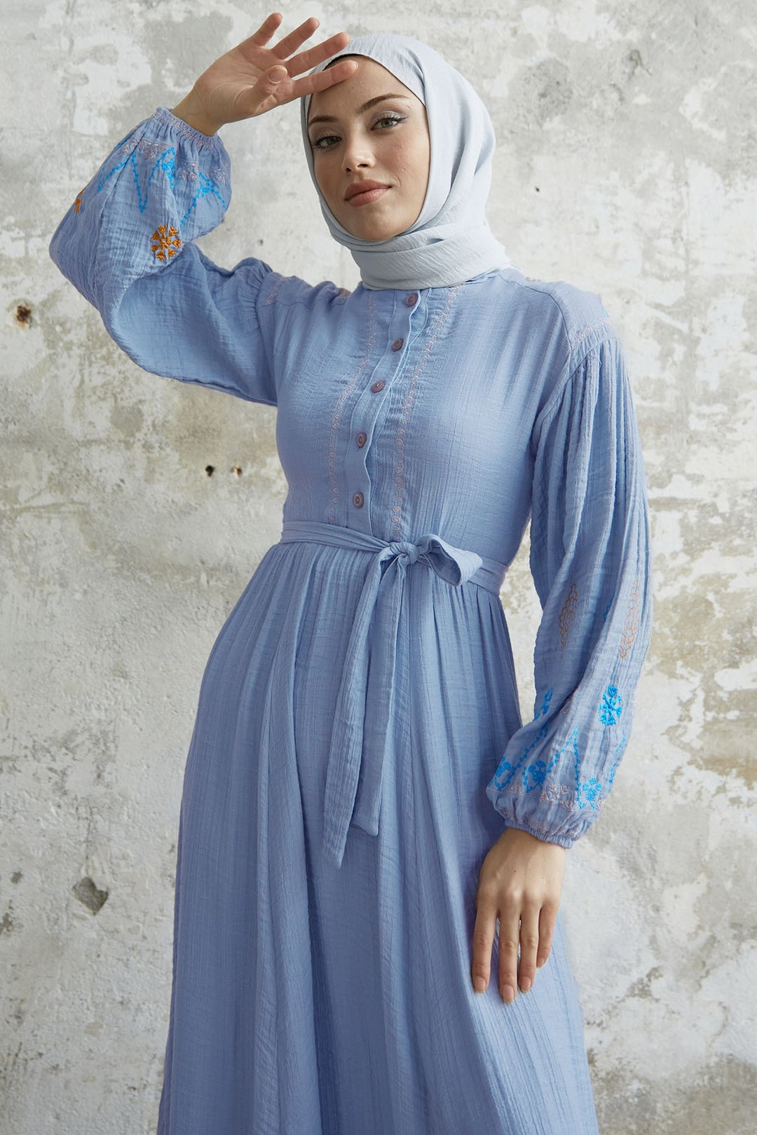 MDS Women Waffle Dress with Embroidered Sleeve - Baby Blue - Knoxville