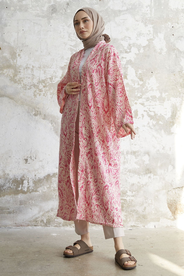 MDS Women Spiral Patterned Long Kimono - Pink - Delft