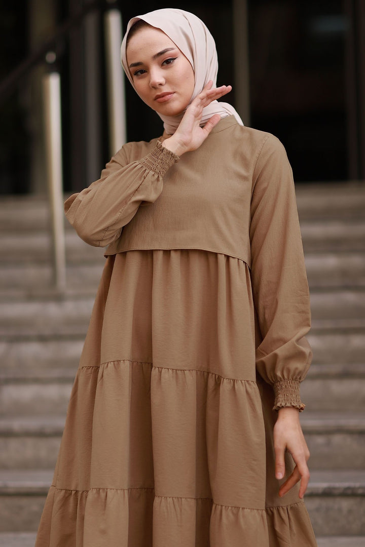 MDS Women Single Layer Detail Loose Dress - Tan - Hameln