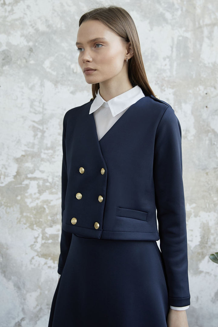 MDS Women Skirted Buttoned Jacket Scuba Suit - Navy - San Rafael