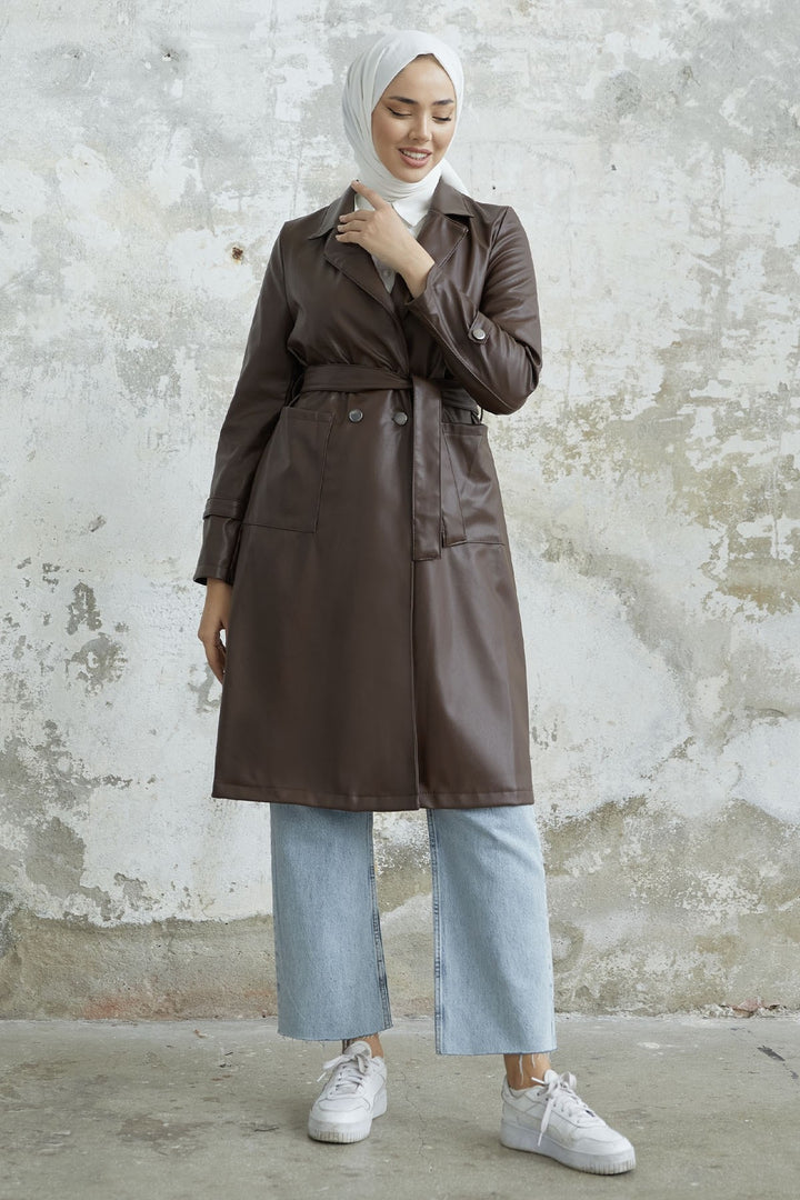 MDS Women Darina Belted Leather Trench Coat - Bitter Coffee - Autlán de Navarro