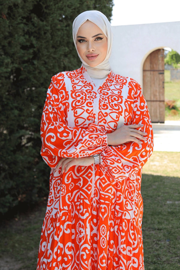 MDS Women Patterned Loose Ethnic Orange Viscose Dress - Fremont