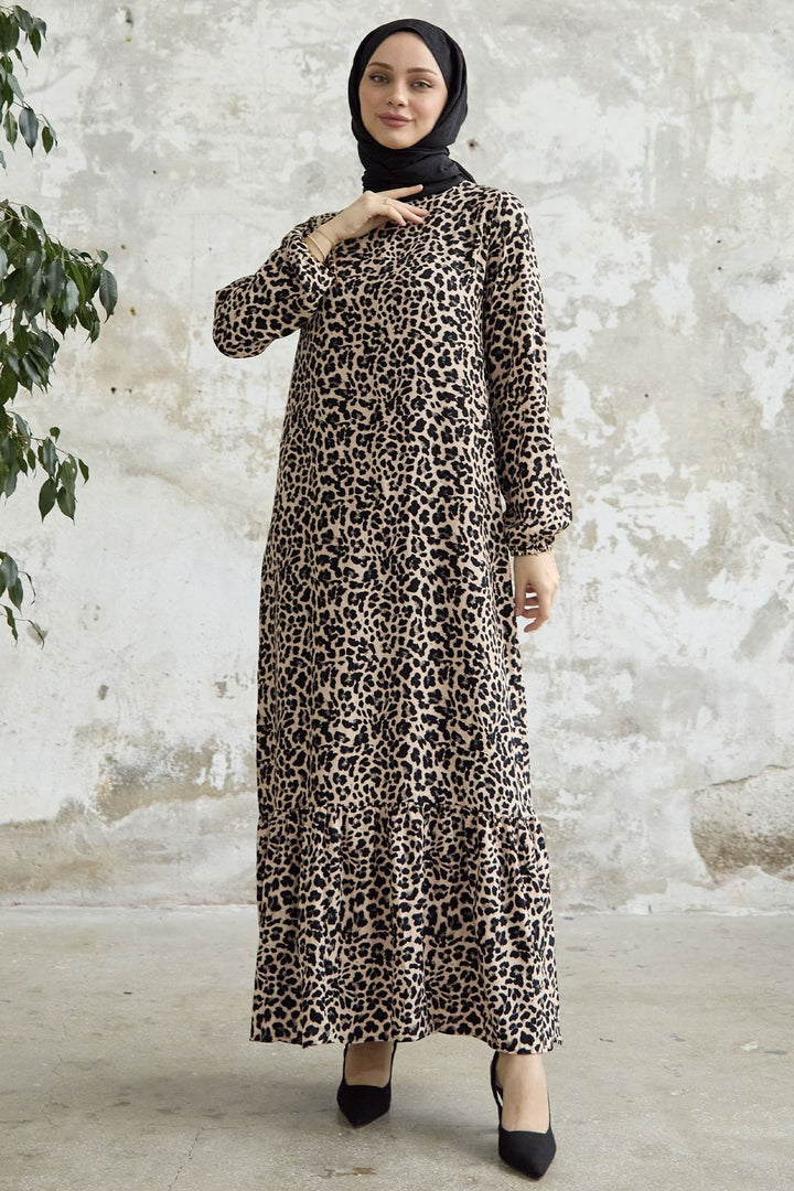 MDS Women 2291 Patterned Viscose Loose Dress - Brown - Rijswijk