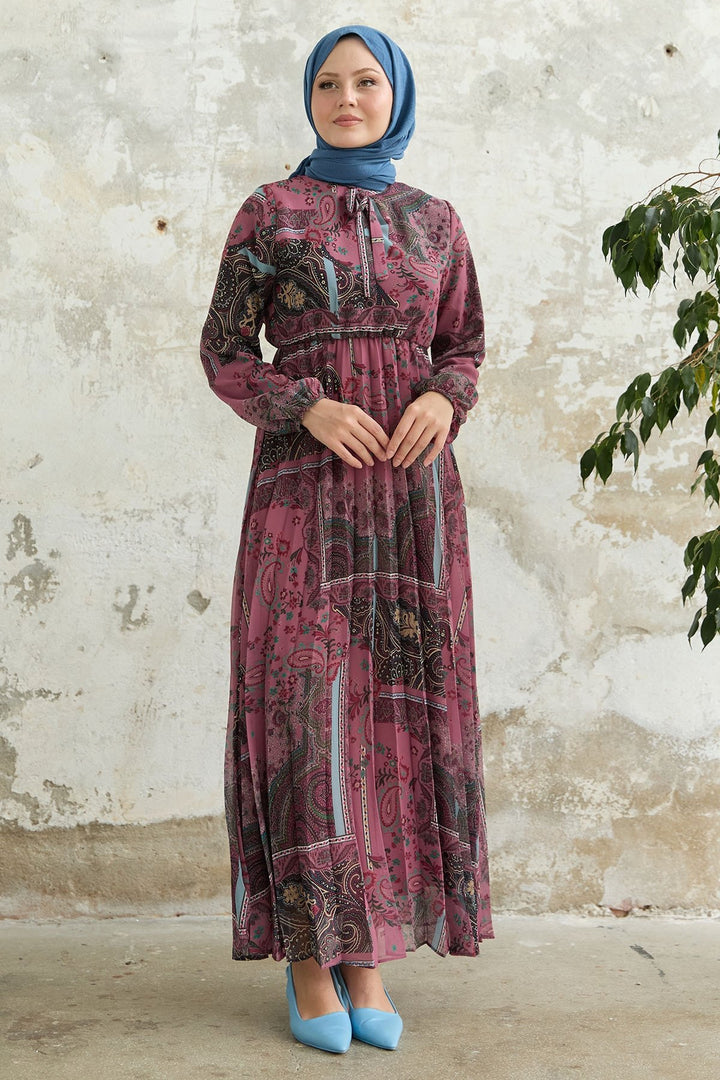 MDS Women Viera Shawl Patterned Collar Belted Chiffon Dress - Rose Pink - Sutton