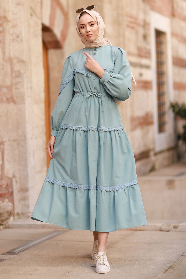 MDS Women Guipure Detail Balloon Sleeve Dress - Mint - Vinnytsia