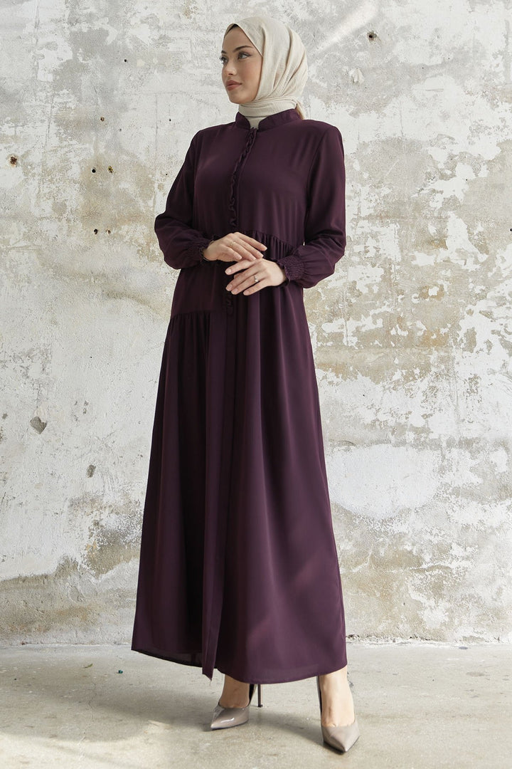 MDS Women Frill Flounce Asymmetric Cut Abaya - Purple - Amarante