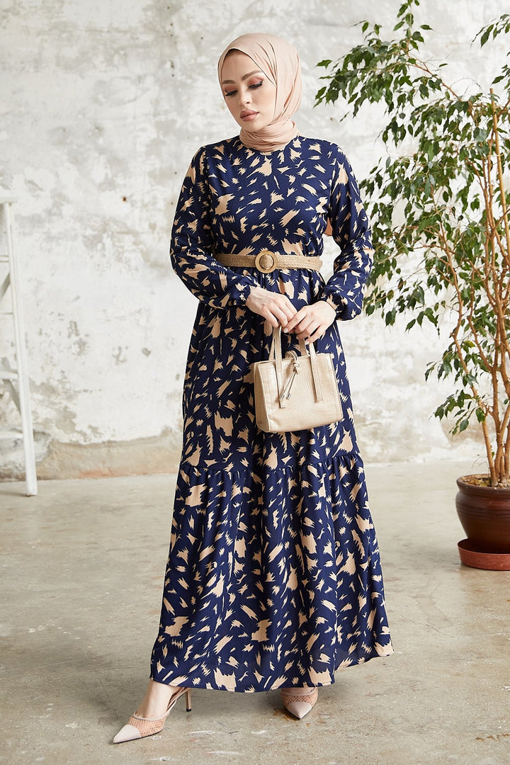 MDS Women Rena Straw Belted Patterned Dress - Navy Blue - Pombal