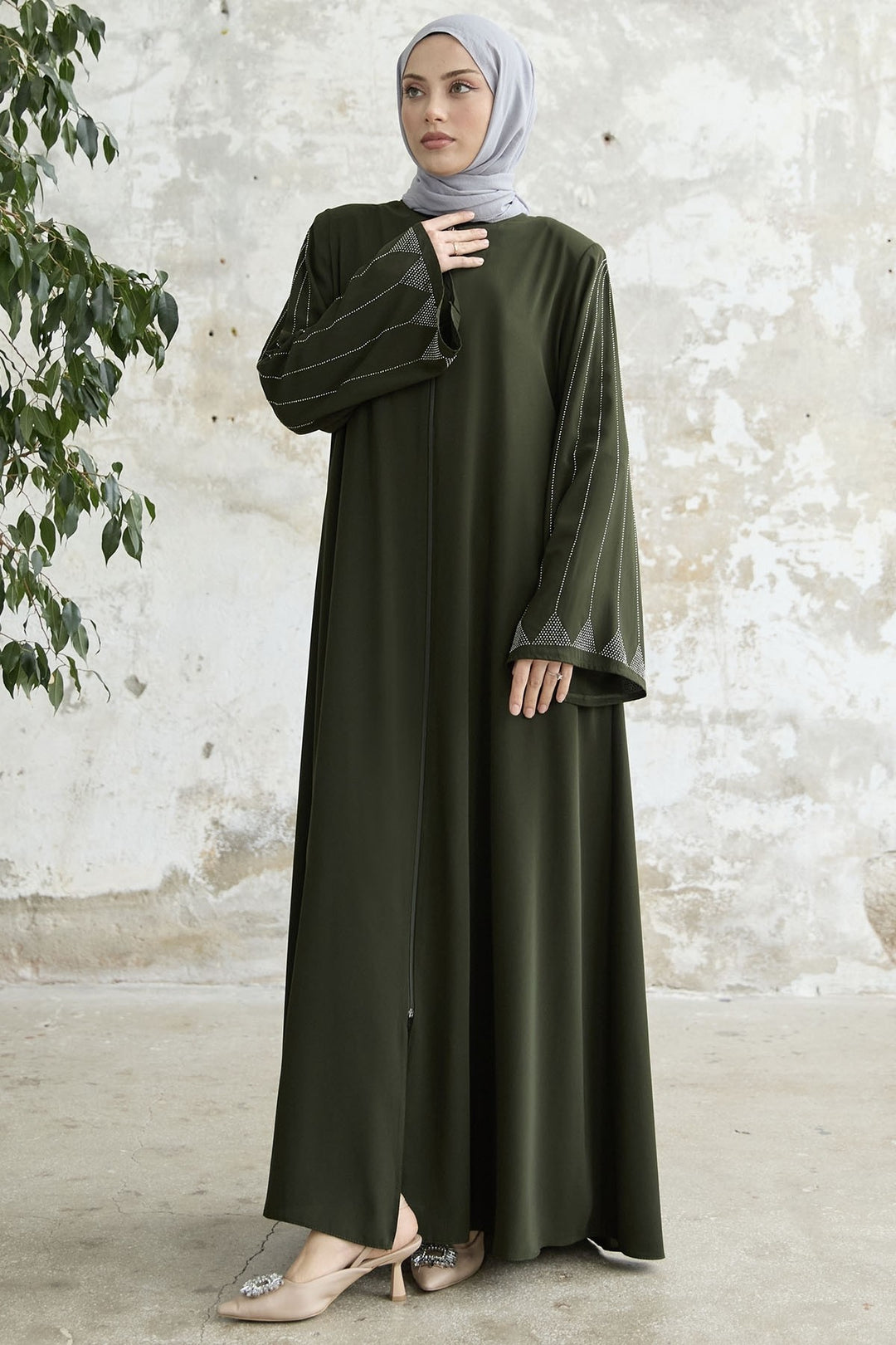 MDS Women Stone-embellished Wide Sleeve Ferace - Khaki - Bristol