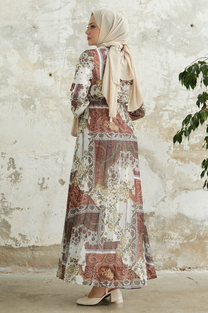 MDS Women Viera Shawl Patterned Collar Belted Chiffon Dress - White - O Fallon