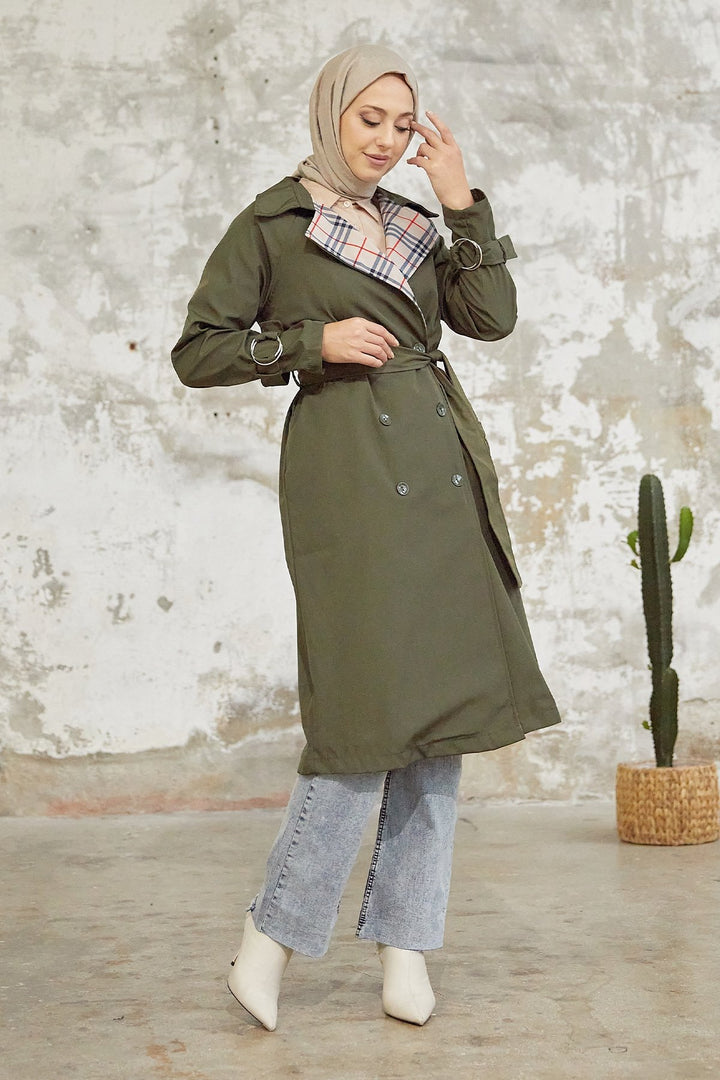 MDS Women Eleta Double-Breasted Checkered Trench Coat - Khaki - Zacatepec