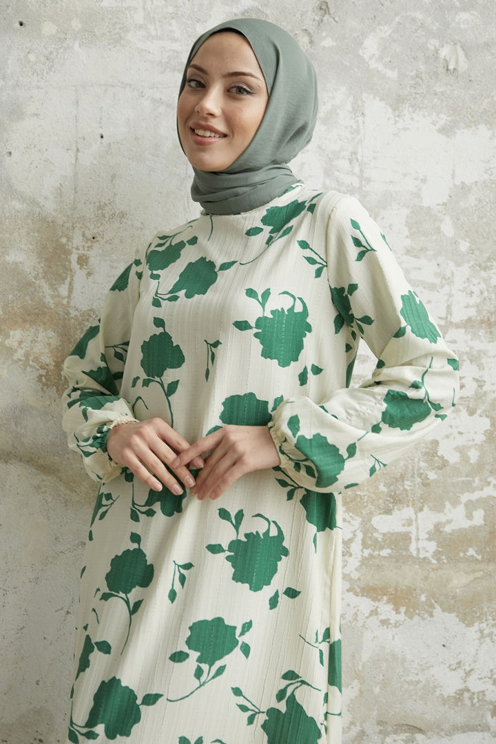 MDS Women Large Flower Pattern Dress - Green - Bootle