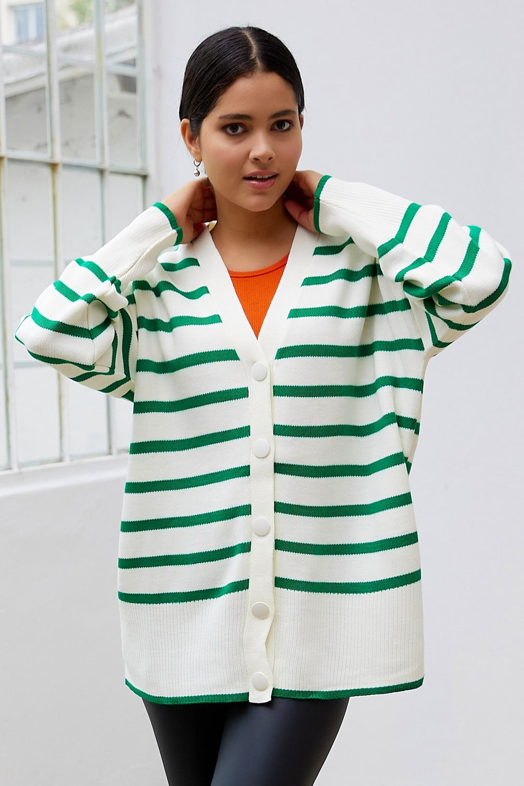 MDS Women Navi Striped Knit Cardigan - Green - Maspalomas