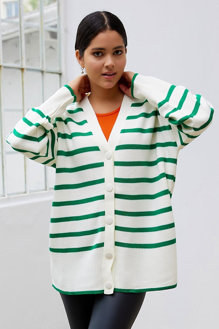 MDS Women Navi Striped Knit Cardigan - Green - Maspalomas