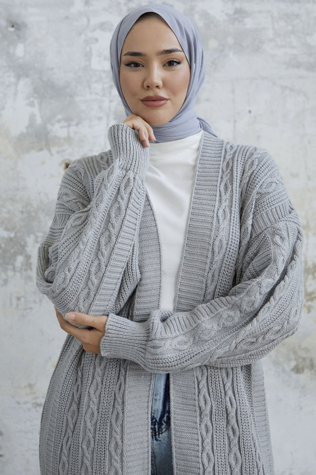 MDS Women Molly Chain Pattern Knit Cardigan - Grey - Herten