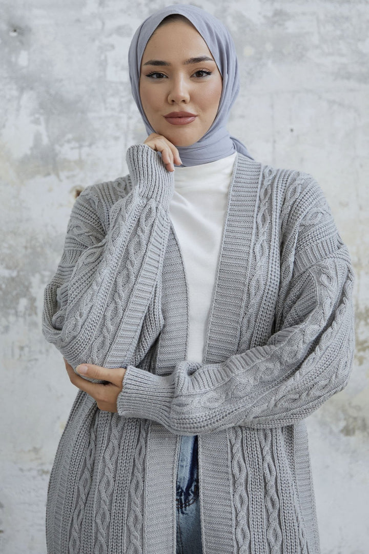 MDS Women Molly Chain Pattern Knit Cardigan - Grey - Herten