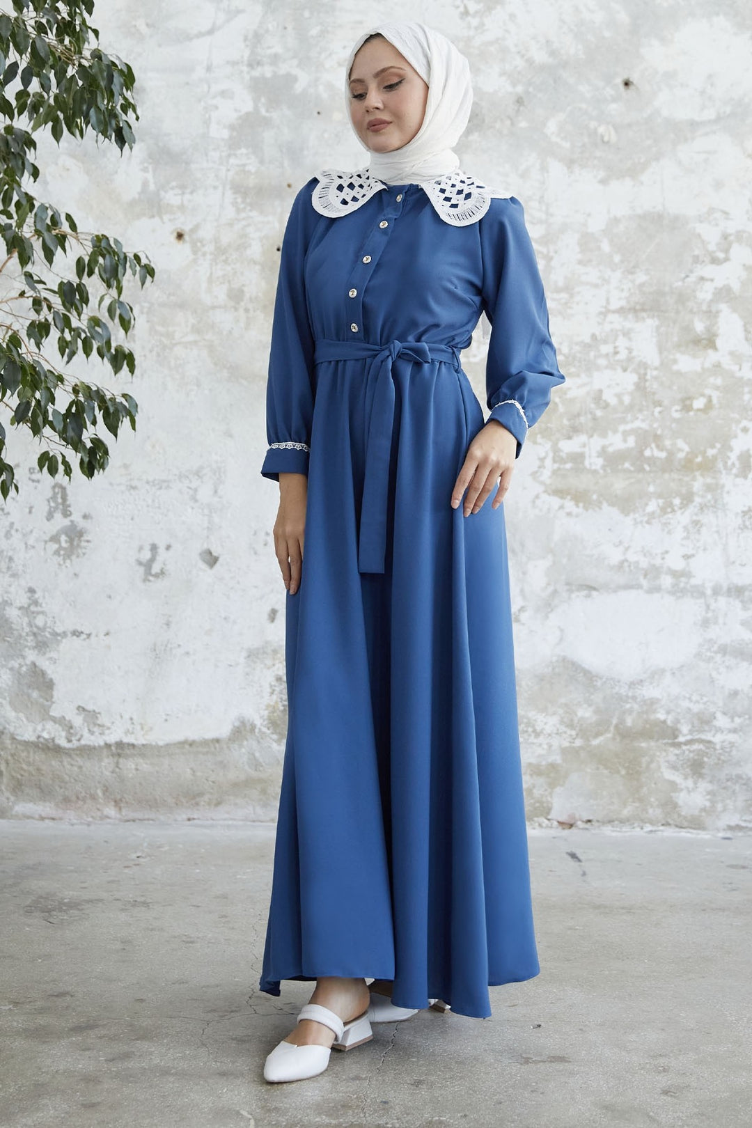MDS Women Baby Collar Belted Dress - Indigo - Perth