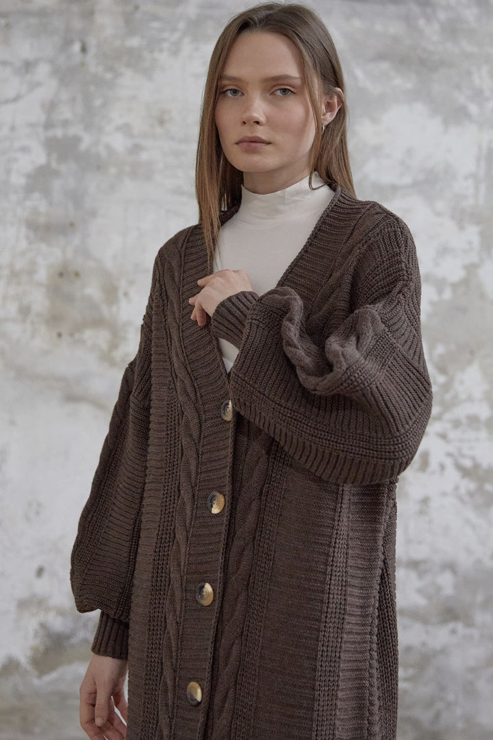 MDS Women Evia Buttoned Knit Cardigan - Dark Brown - Schaumburg