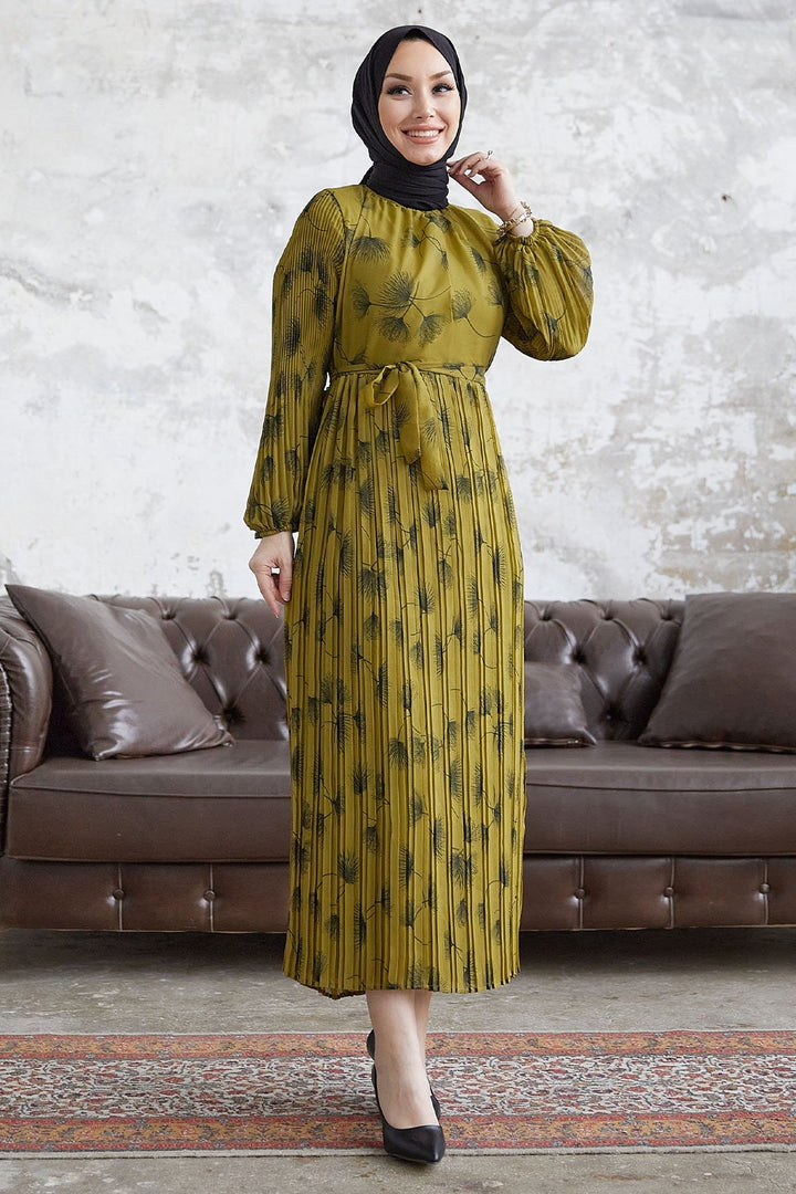 MDS Women Pale Sea Green Leaf Patterned Chiffon Dress - Olive Green - Bolingbrook