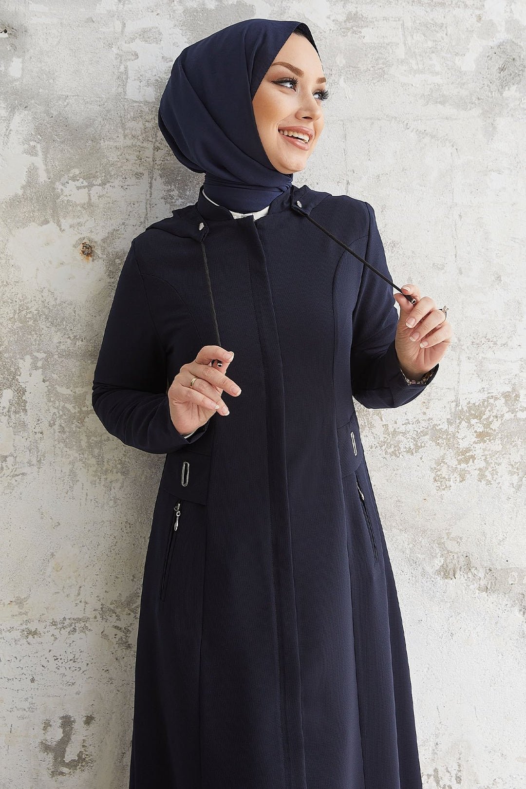 MDS Women Elena White Detailed Hooded Abaya - Navy Blue - Champaign