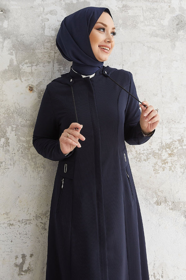 MDS Women Elena White Detailed Hooded Abaya - Navy Blue - Champaign