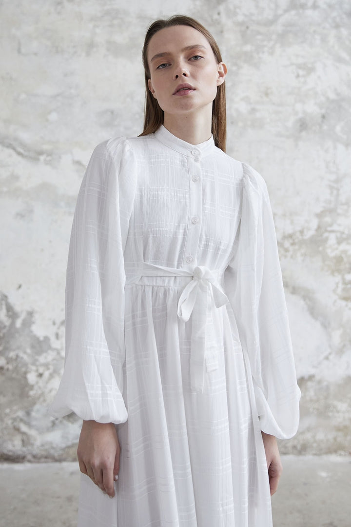 MDS Women Belted Patterned Dress - White - Carmel