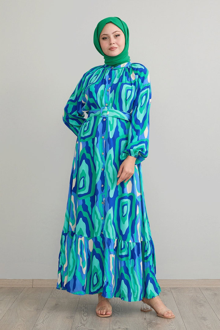 MDS Women Green Viscose Dress with Oval Striped Belt - Rochester Hills
