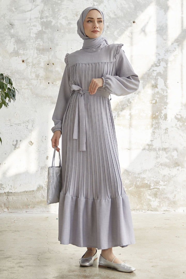 MDS Women Ruffle Trim Linen Dress with Puffed Shoulders - Gray - Vendrell