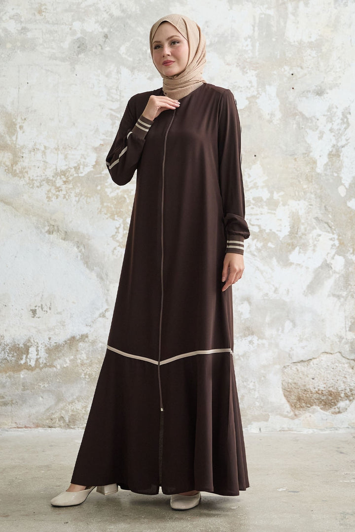 MDS Women Hazel Striped Patterned Ribbed Bitter Coffee Abaya - Quinte West