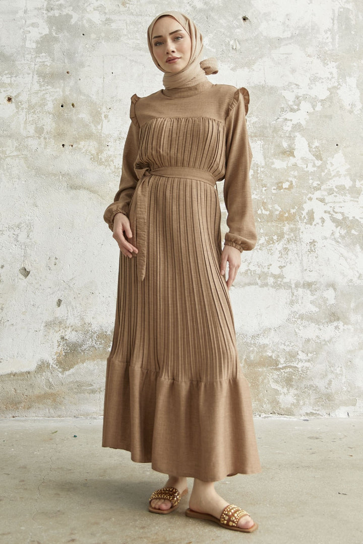 MDS Women Ruffle Trim Linen Dress with Puff Sleeves - Beige - Herzogenrath