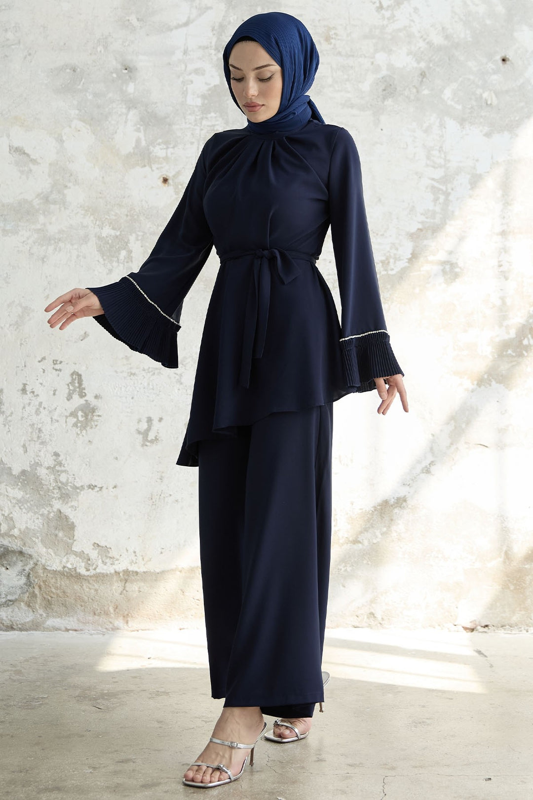 MDS Women Armhole Padded Belted Two Piece Set - Navy - Pervomaisk