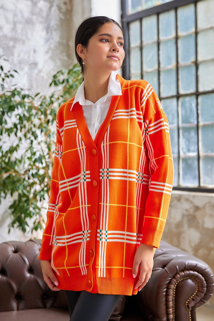 MDS Women Meri Checkered Knit Cardigan - Orange - Sanford