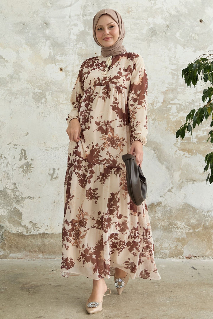 MDS Women Brown Chiffon Dress with Leaf Pattern and Tassels on the Front - Tehuacán