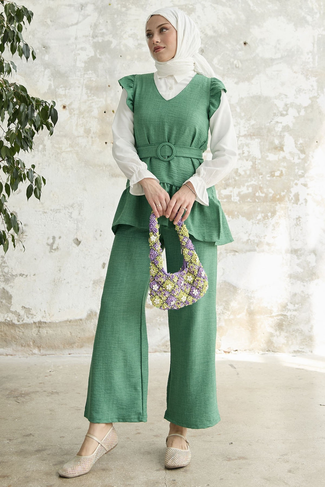 MDS Women Ruffled Shoulder Three Piece Set - Green - Lagkadás
