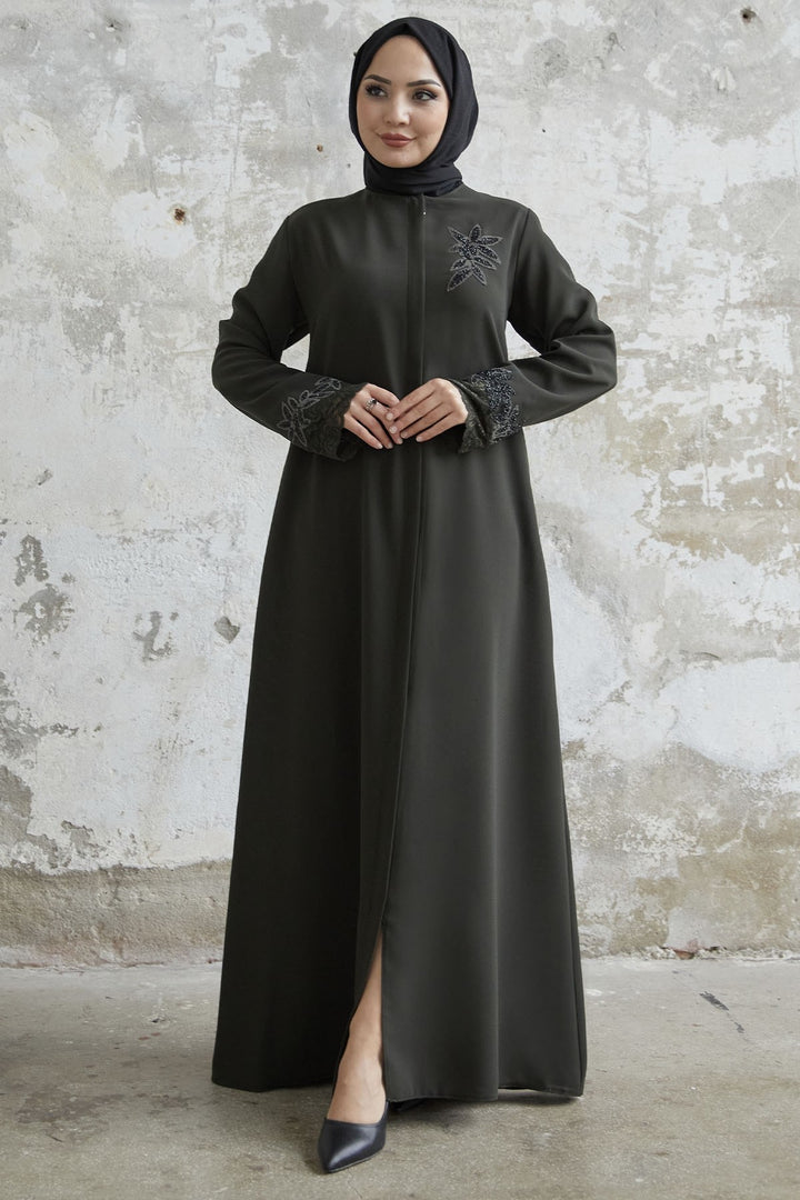 MDS Women Sleeve Flower Stone Abaya - Khaki - Portsmouth