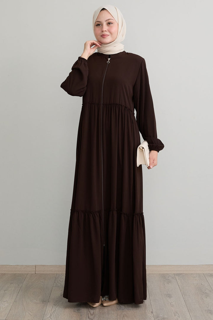 MDS Women Pleated Detail Zippered Bitter Coffee Abaya - San Francisco del Rincón