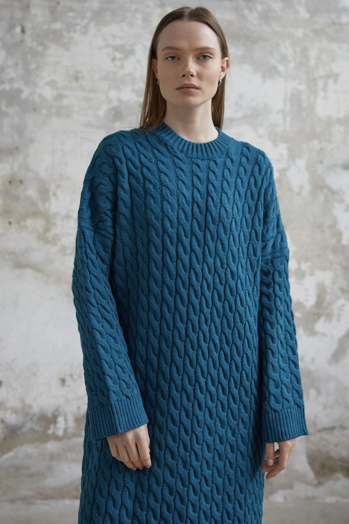 MDS Women Everly Knitted Patterned Sweater Dress - Petrol Green - Preston