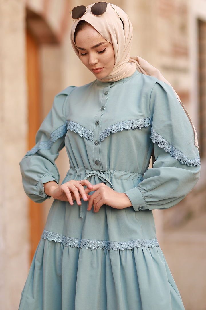 MDS Women Guipure Detail Balloon Sleeve Dress - Mint - Vinnytsia