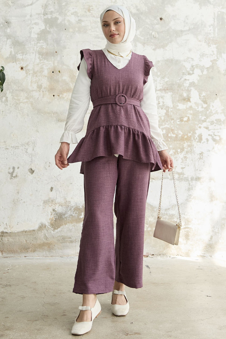 MDS Women Ruffled Shoulder Three-Piece Set - Purple - Tres Valles