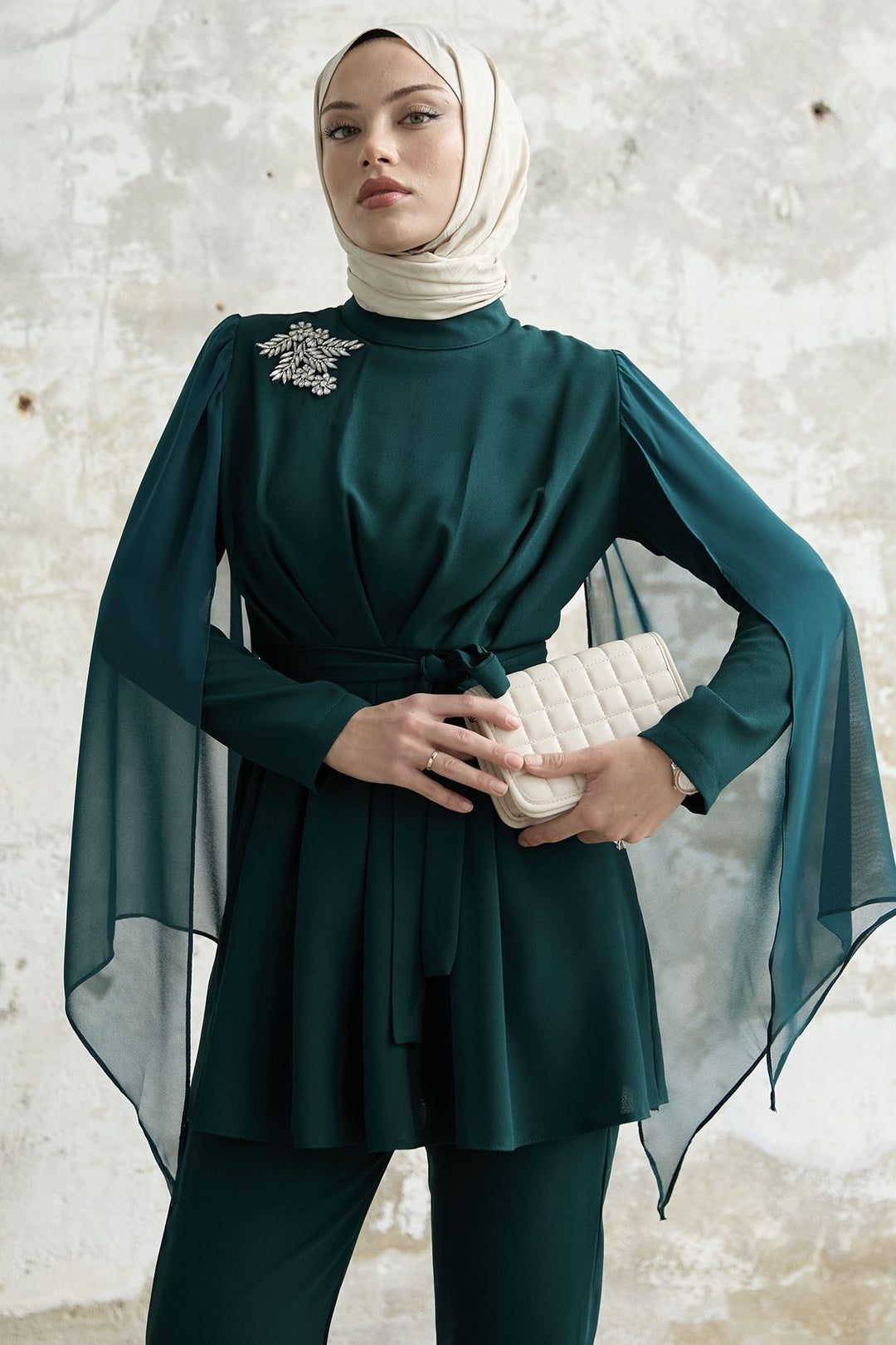MDS Women Stone-Accented Arm Tulle Crepe Emerald Green Set - Motril