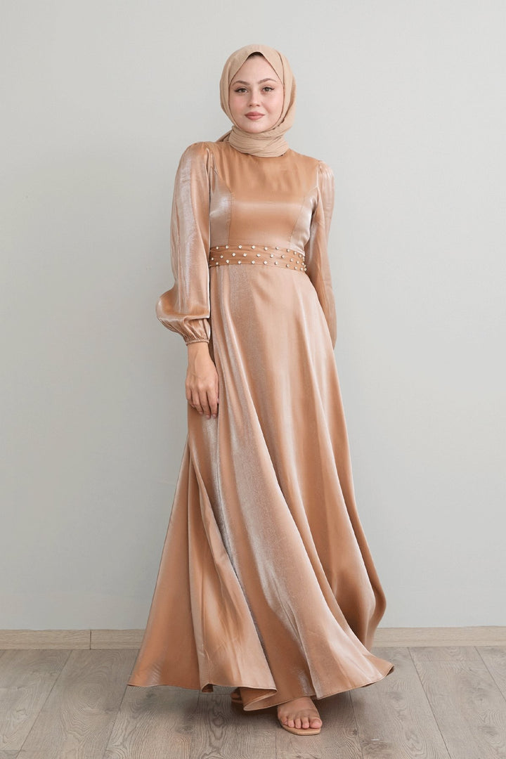 MDS Women Stone Belted Sparkly Brown Satin Dress - Culiacán